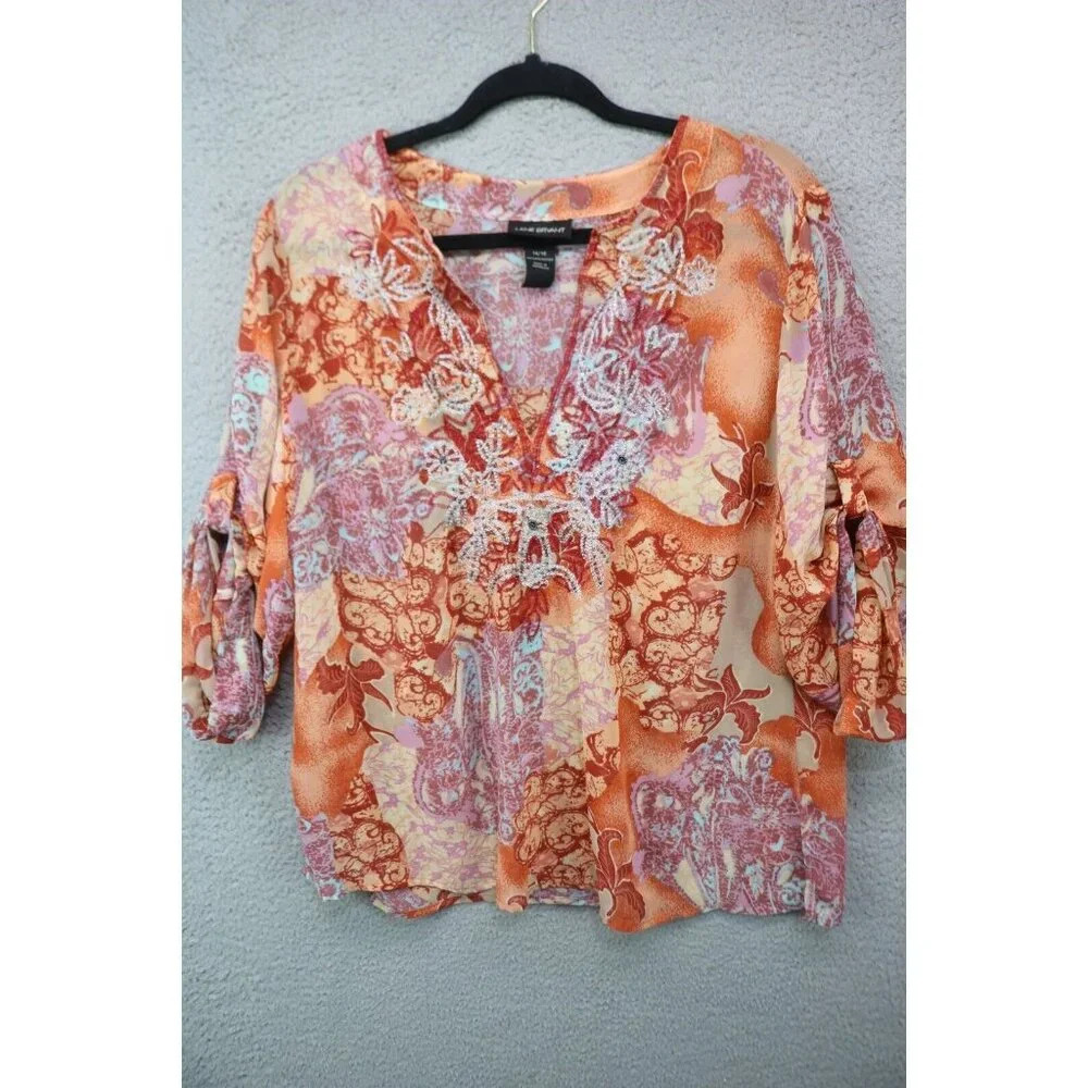 Lane Bryant 3/4 Roll Tabbed Sleeve Sheer Top-Beaded-BOHO-Size 14-16